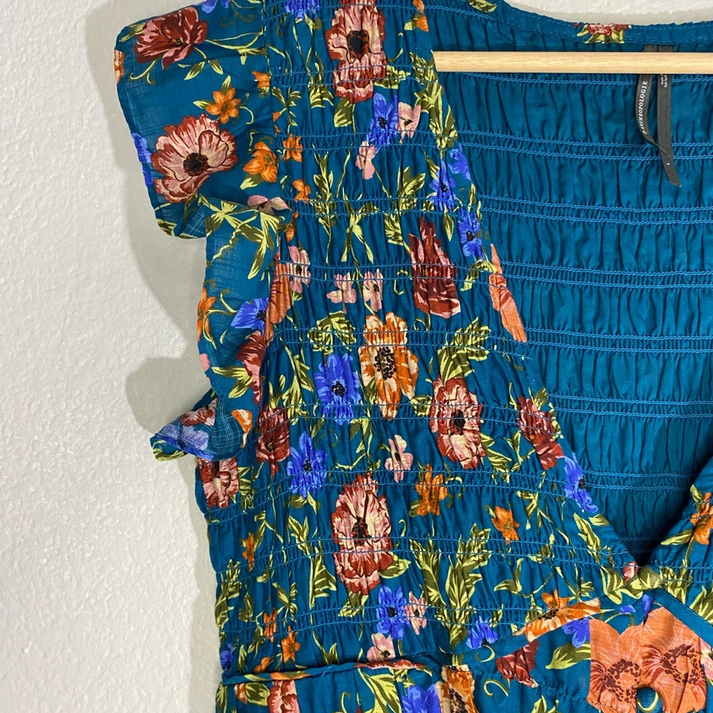 Anthropologie Peregrine Floral Blue Flutter Sleeve Midi Dress Size Large - Picture 6 of 13